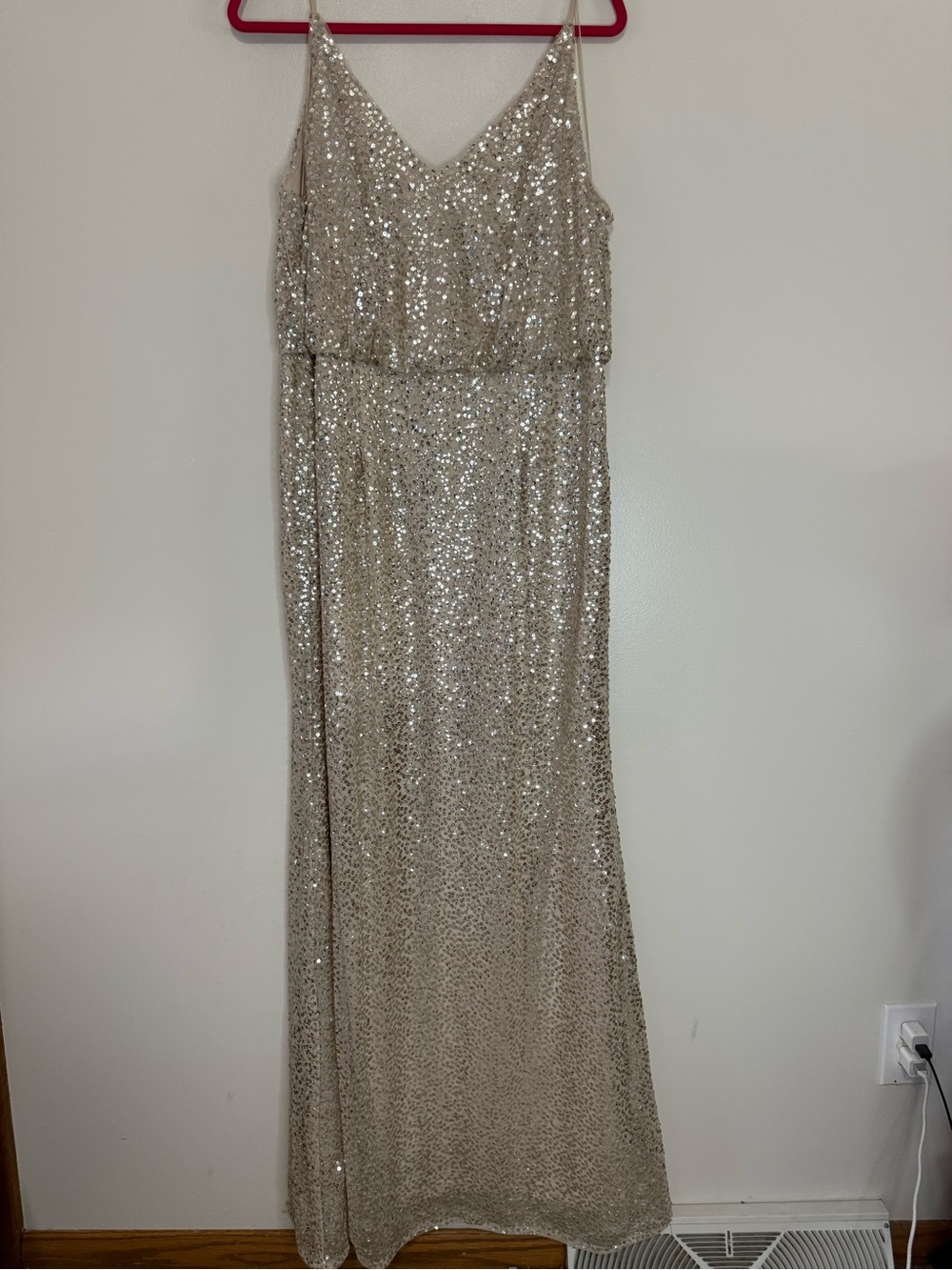 Adriana Papell Sequin Champagne V-Neck Slip Gown in size 16